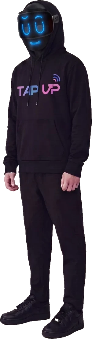 Kai, l'avatar TapUp : masque LED bleu et hoodie noir floqué TapUp